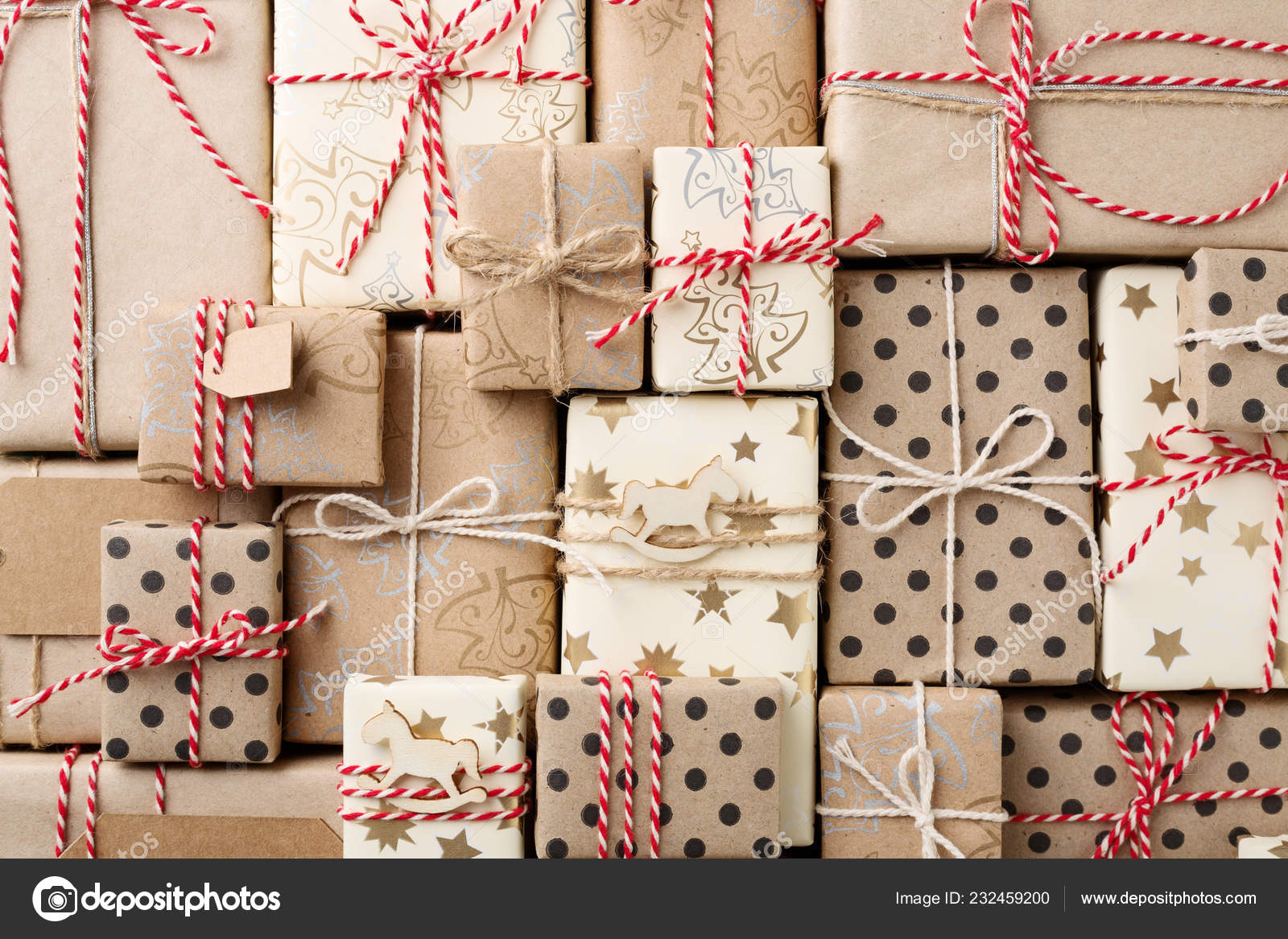 Christmas Background Many Decorative Homemade Gift Boxes Wrapped